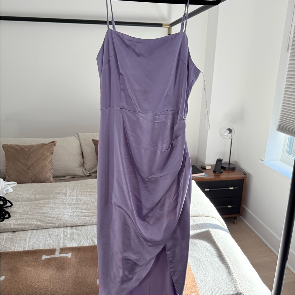 Elliatt Purple Ruched Spaghetti Strap Midi Dress